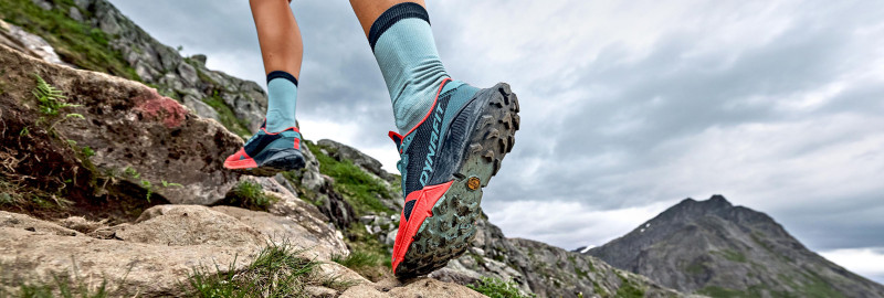Trail running shoes in uneven terrain